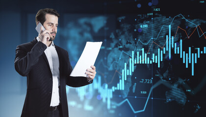 Businessman analyzing financial data while on phone call with digital stock chart on dark tech background representing investment concept.