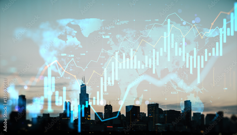 Poster business city skyline with financial graphs and digital world map in holographic double exposure con