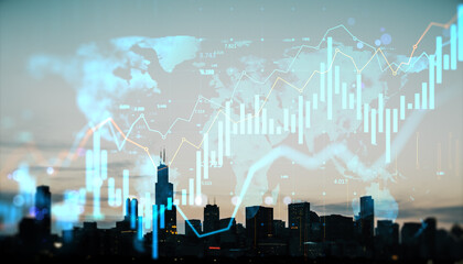 Business city skyline with financial graphs and digital world map in holographic double exposure...