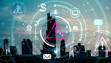 Digital warning icons and technology interface over city skyline in abstract double exposure style with holographic business data symbols on background.