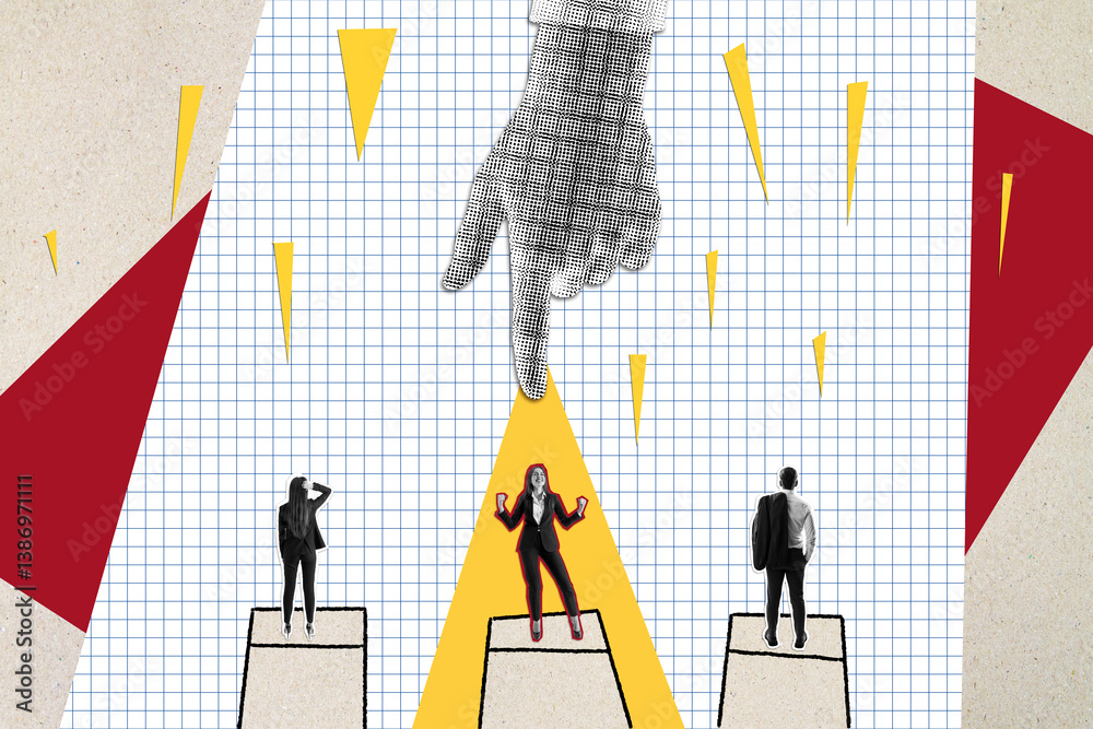 Aufkleber business concept of leadership and recognition with businesspeople on podiums highlighted by a spotl
