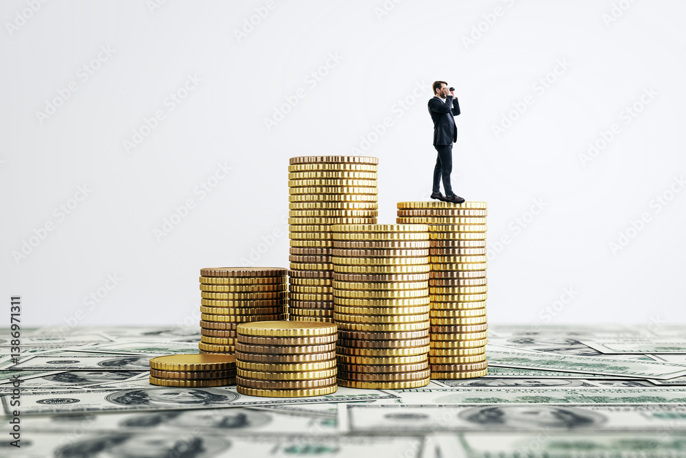 Poster businessperson standing on stacked coins using binoculars, symbolizing financial strategy and future