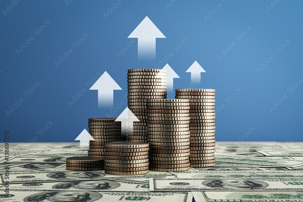 Poster Stacks of golden coins increasing in height on dollar bills with upward arrows on blue background symbolizing financial growth concept. 3D Rendering