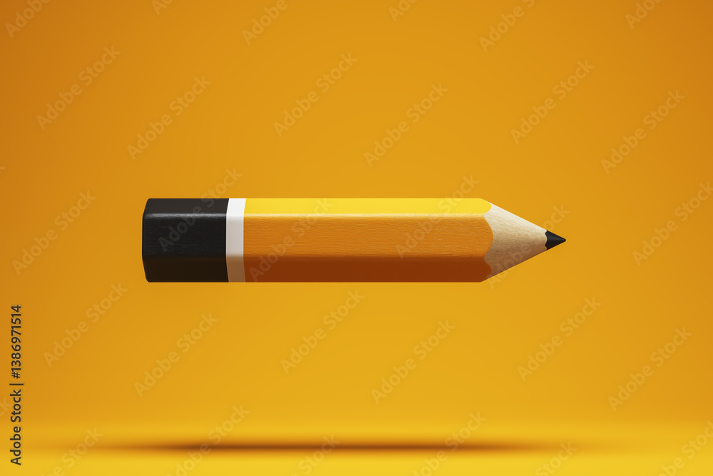 Poster floating sharpened yellow pencil on bright orange background with shadow, symbolizing creativity and