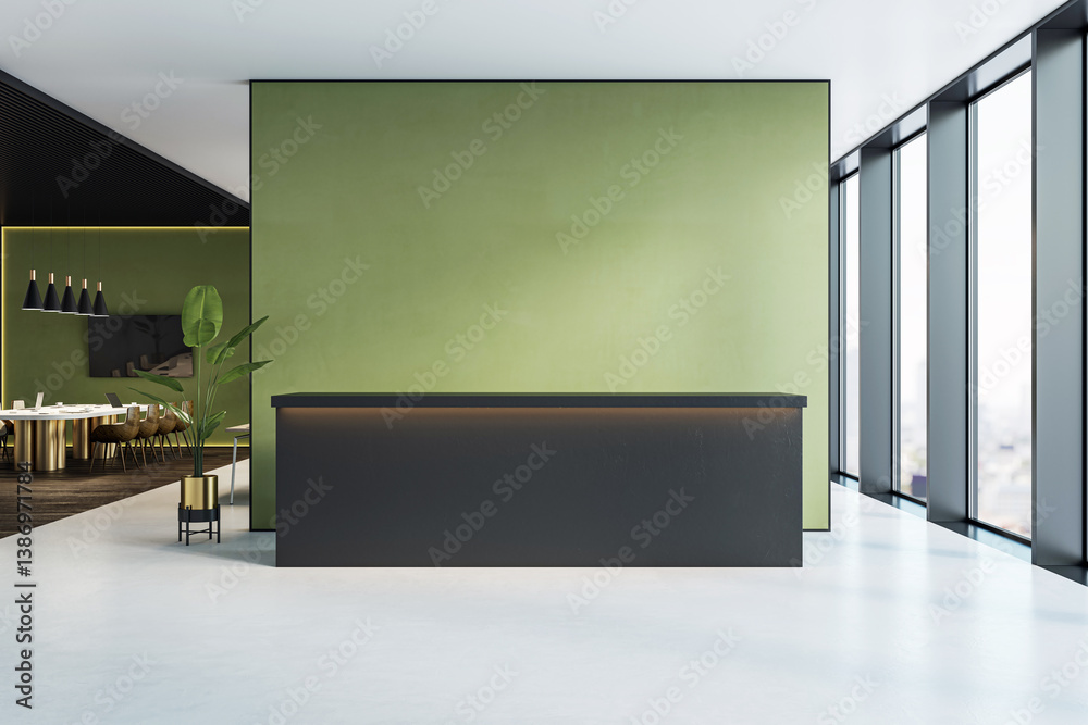 Poster modern office reception room with black front desk and green wall for mockup or branding display in 