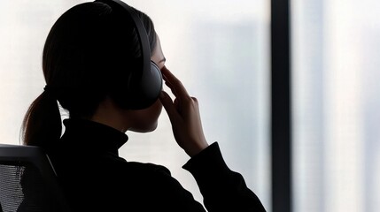 Tired Businesswoman Wearing Headphones at Office Window
