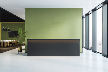 Modern office reception room with black front desk and green wall for mockup or branding display in corporate interior design layout. 3D Rendering