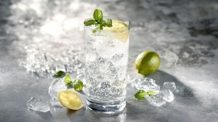 Fototapeta premium A glass of sparkling water with lemon and mint. Featuring refreshment and zest