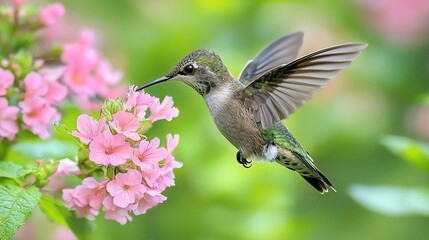 Fototapeta premium Hummingbird feeding on pink flower
