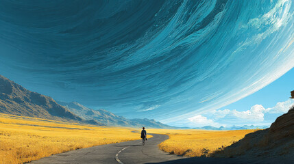 Dreamlike scene of a winding asphalt road transforming under the bristles of a massive brush hovering in the air, isolated traveler heading into the horizon. Surrounding is barren land with golden a