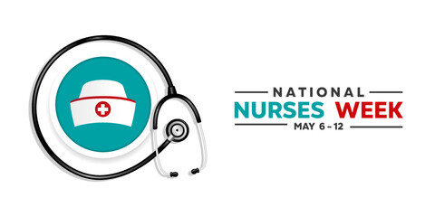 Fototapeta premium May is National Nurses Week. Nurse hat, stethoscope and more. Great for posters, banners, social media and more. White background.