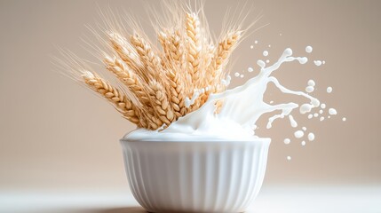 A bowl of milk with a splash of milk on top of it. The bowl is white and the milk is white