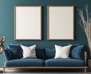 Teal room with two framed posters and a blue sofa