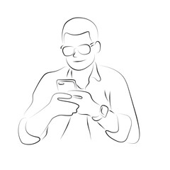 man with short hair with glasses using smartphone illustration vector hand drawn with black lines isolated on white background.