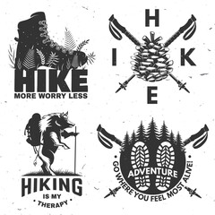 Obraz premium Hiking makes me happy. Hiking quote. Vector. Concept for shirt or logo, print, stamp or tee. Vintage typography design with wild boar and backpack, hiking boot, pine cone and forest silhouette