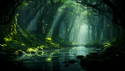 Lush Green Pixel Art Forest With Light Rays Reflecting On A Stream Pixelated Serene Woods In Green And Dark Tones Mossy Tree Branches And Vibrant Sunlight