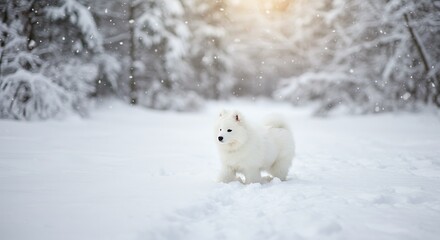 Fototapeta premium Winter Wonderland: A Samoyed Puppy's Joyful Frolic AI Generated