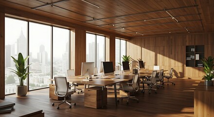Fototapeta premium Modern Wood Office Interior Design: Sunlit Workspace with City View AI Generated