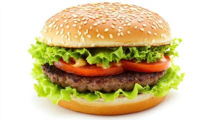 A gourmet burger with lettuce, tomato, and a juicy beef patty. Featuring flavor and indulgence