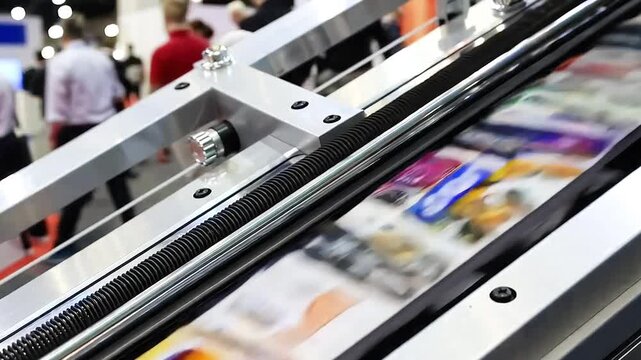 Fast moving printed labels on slitter rewinder machine showcased at printing technology expo.