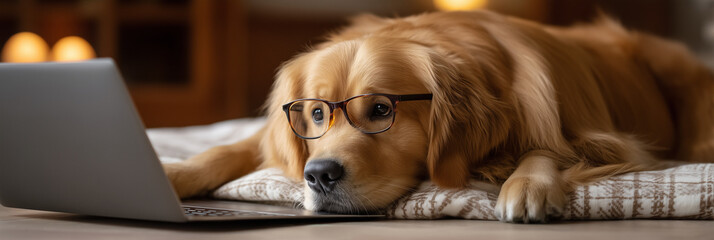 A businesslike Golden Retriever works on a laptop in a cozy home environment
