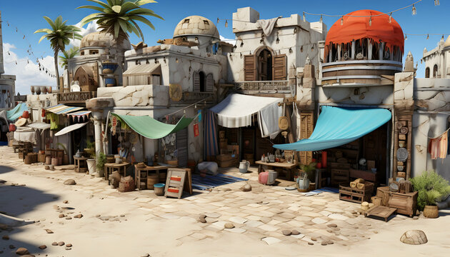 Middle Eastern Town Streetscape with Whitewashed Buildings Bazaars and Red Domed Structure on a Sunny Day