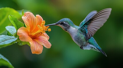 Naklejka premium Hummingbird sips nectar from flower