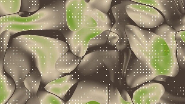 An abstract camouflage pattern featuring organic swirls in green and beige tones. Small white dots are scattered across the design, adding texture and a natural, earthy feel to the composition.