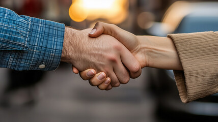 Close-up handshake between a mechanic and a customer in front of a car