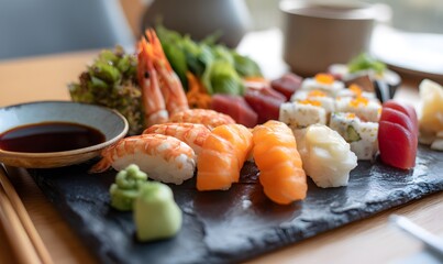 sushi platter on a stone plate with wasabi and soy sauce, Generative AI