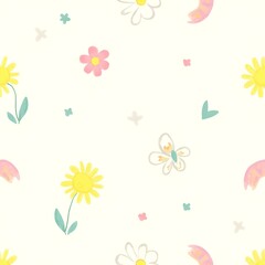 Playful Floral Watercolor Seamless Pattern with Cartoon Daisies, Butterflies, and Smiling Sunflowers

