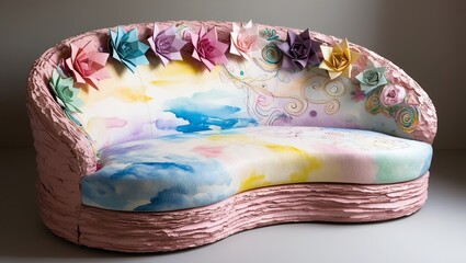 Dreamy Light-Colored Couch with Abstract Painted Design