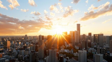 Fototapeta premium Breathtaking Sunset Over Urban Skyline with Golden Ray Beams and Cloudy Horizon in Modern Cityscape