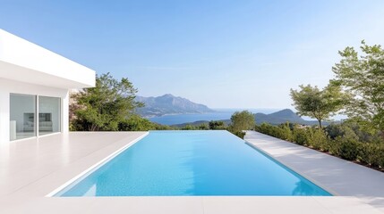 Fototapeta premium Modern luxury villa with a large infinity swimming pool overlooking a scenic mountain and sea landscape under a clear blue sky.