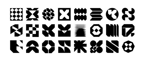 Postmodern abstract geometric graphic elements, Refraction and distortion glass effect various form, Brutalist vector shapes, trendy retro design symbols in Y2K aesthetics	