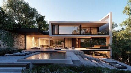 Fototapeta premium Modern Luxury Villa Architectural Design: Stunning Contemporary Home with Infinity Pool and Lush Landscaping