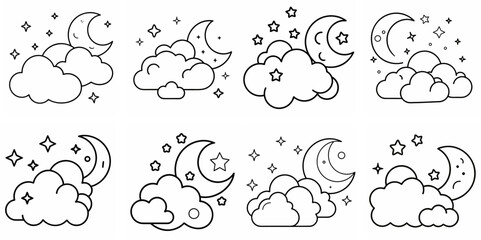 Fototapeta premium Clouds, Stars & Moon – Outline Coloring Book Line Art Set