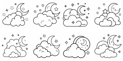Fototapeta premium Clouds, Stars & Moon – Outline Coloring Book Line Art Set