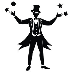 Juggler Silhouette With Stars And Ball In Black And White Illustration.