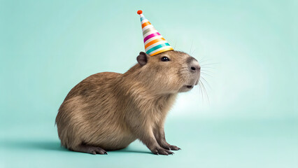 Capybara wearing a striped colorful birthday hat 
