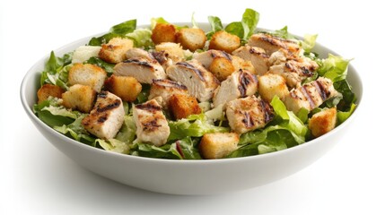 A grilled chicken Caesar salad with romaine, croutons, and parmesan. Featuring flavor and crunch