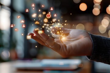 Hand Reaching Out with Floating Digital Icons Representing Technology, Communication, and Connectivity in Modern Society