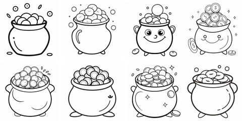 Fototapeta premium Funny Pot with Coins – Outline Coloring Book Line Art Set