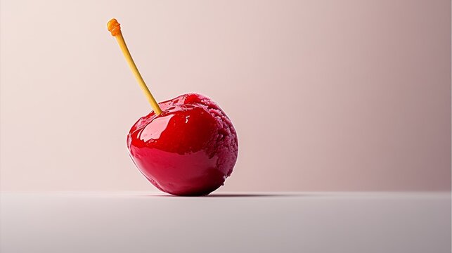 A cherry with a stem is sitting on a table. The cherry is red and has a shiny, glossy appearance. Concept of freshness and natural beauty, as the cherry is a simple, unadorned fruit