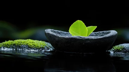 Fototapete Toilette Nature's tranquility. Fresh, vibrant leaves resting on a dark stone dish, surrounded by moss and water  © PACESTOCK