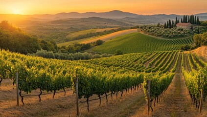 Fototapeta premium Tuscan Vineyard Sunrise Panorama
