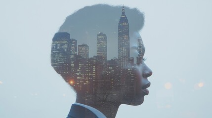 A person's profile with a city skyline inside their head, suggesting urban intellect and ambition
