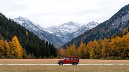 Red SUV in autumnal mountain valley
