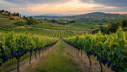 Fototapeta premium Picturesque vineyard landscape at sunset