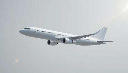 Obraz premium Airplane Ascent Against Gray Sky Expressing Modern Air Travel